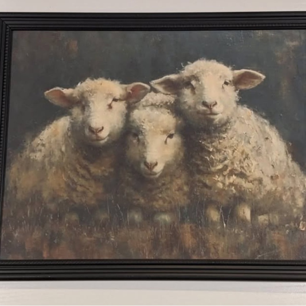 Three Lambs Sheep Easter Painting Print Landscape Framed Art 8"x10" Spring Decor